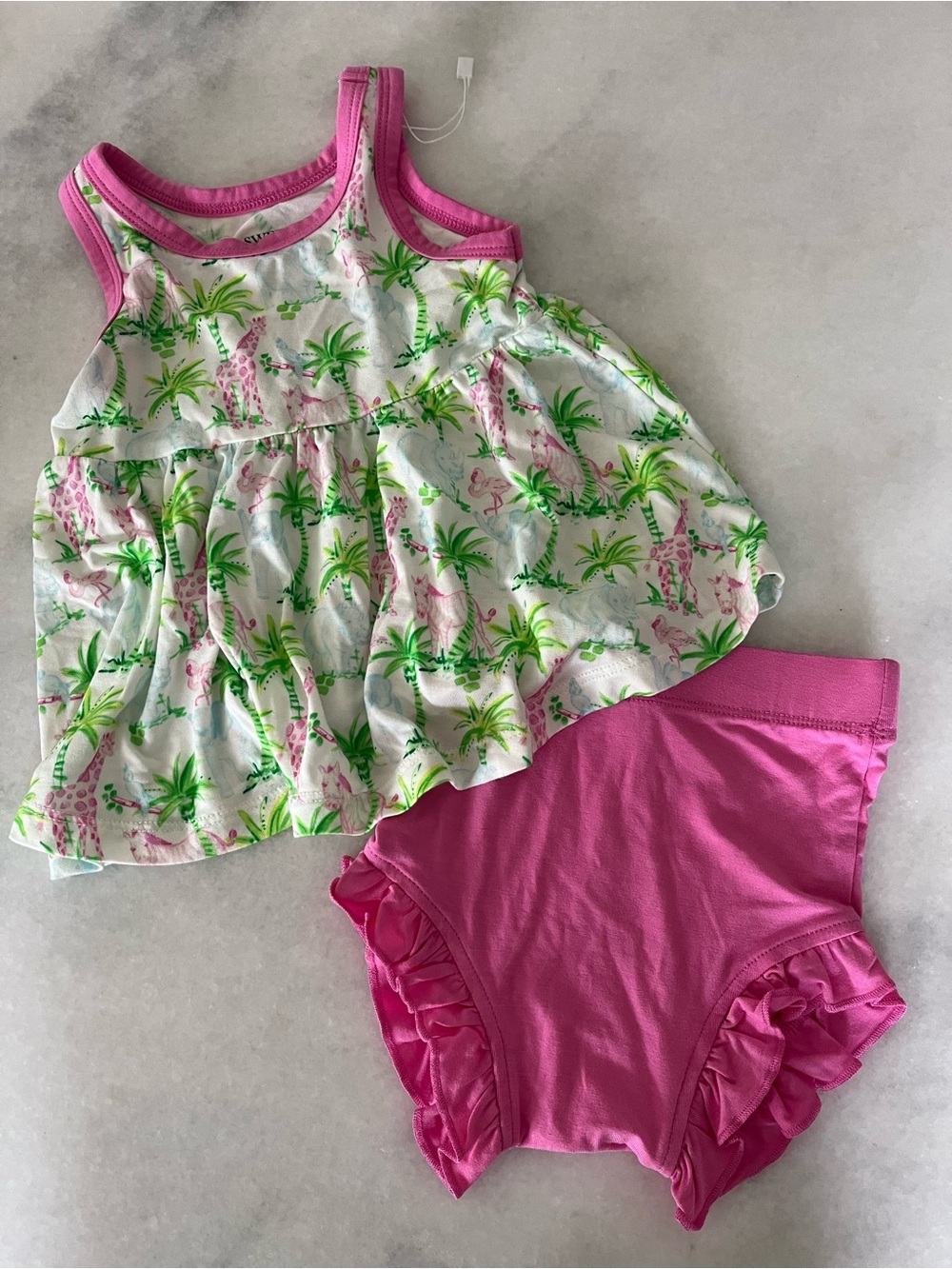 Pink Giraffe Palm Print Tank Top & Pink Ruffle Bloomers Set